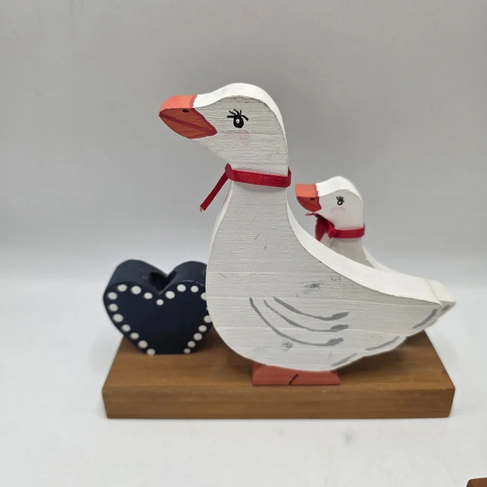 Goose Candle Holders Set of 2 White Blue Heart Wood Folk Art Farmhouse Decor